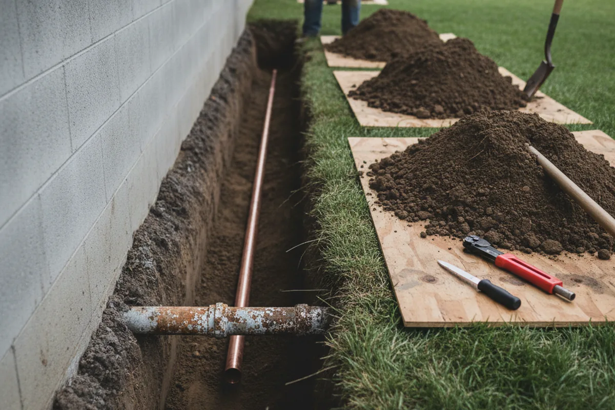 Excavated water line trench during Water Softener Installation in Murray City
